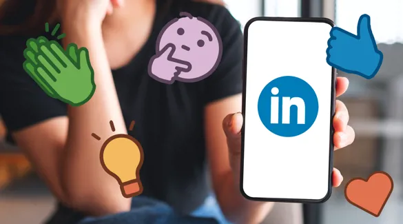 En person holder en telefol med LinkedIn's logo. Billedet har ikoner ssåom en lysende pære, en thumbs up og klappende hænder lagt over sig.