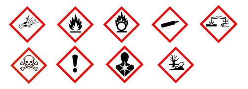Faresymboler:  Ekplosiv, Brandfarlig, Brandnærende, Gasser under tryk, Ætsende, Akut giftig, Sundhedsfare, Kronisk sundhedsfare, Miljøfare